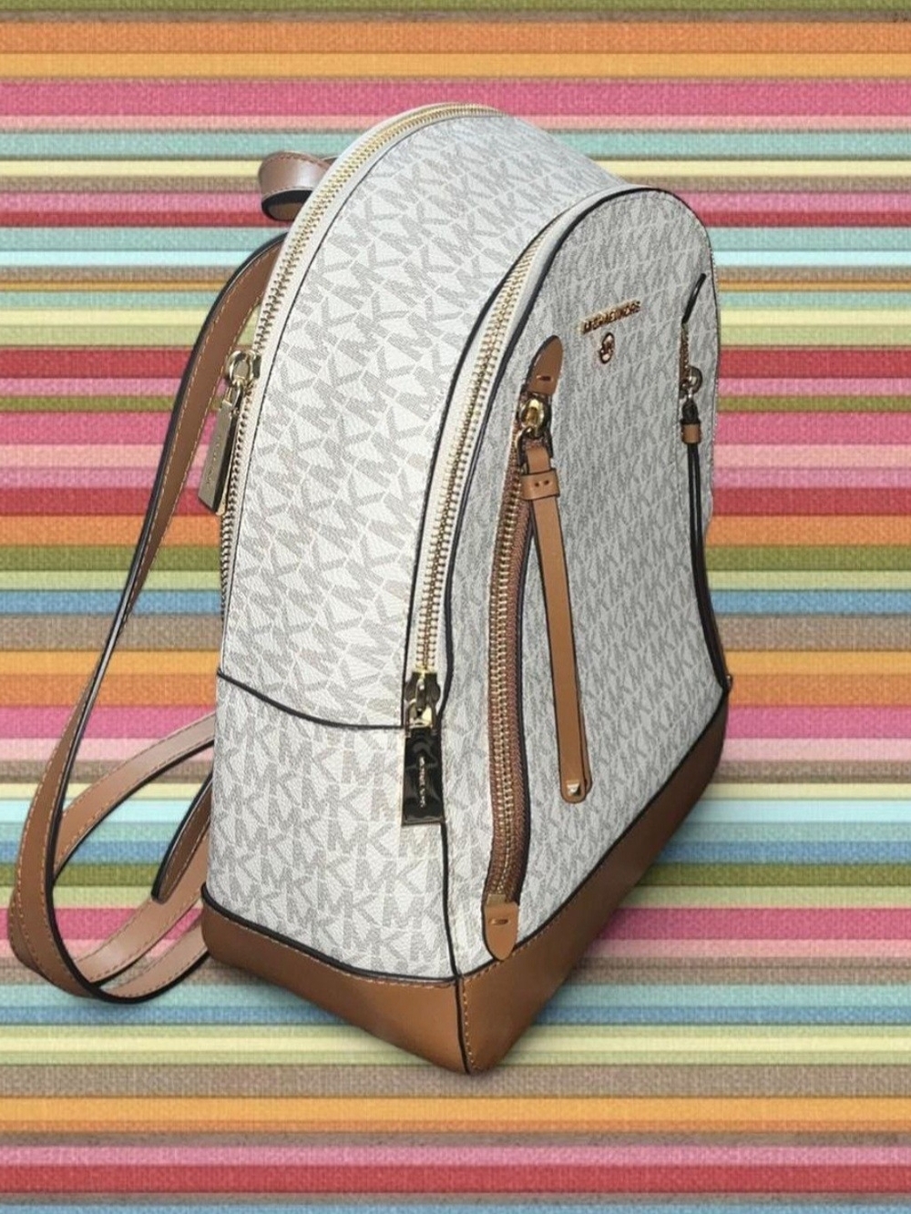 Michael Kors White MK Logo Backpack with Brown Leather Trim